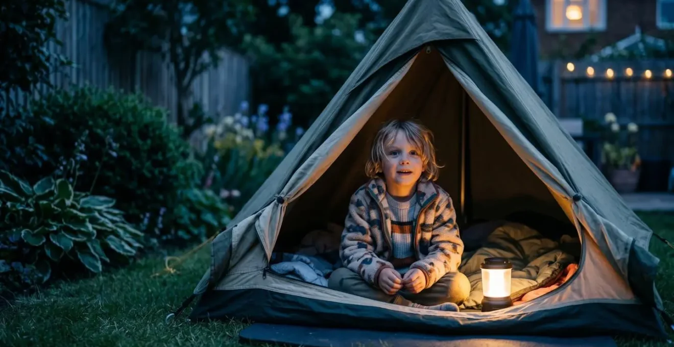 Child inside a small tent in a backyard garden at twilight, holding a lantern and looking out with wonder
