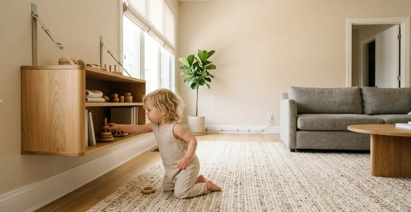 A safe and inviting child-friendly living space where toddler explores independently