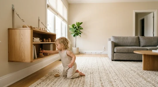 A safe and inviting child-friendly living space where toddler explores independently