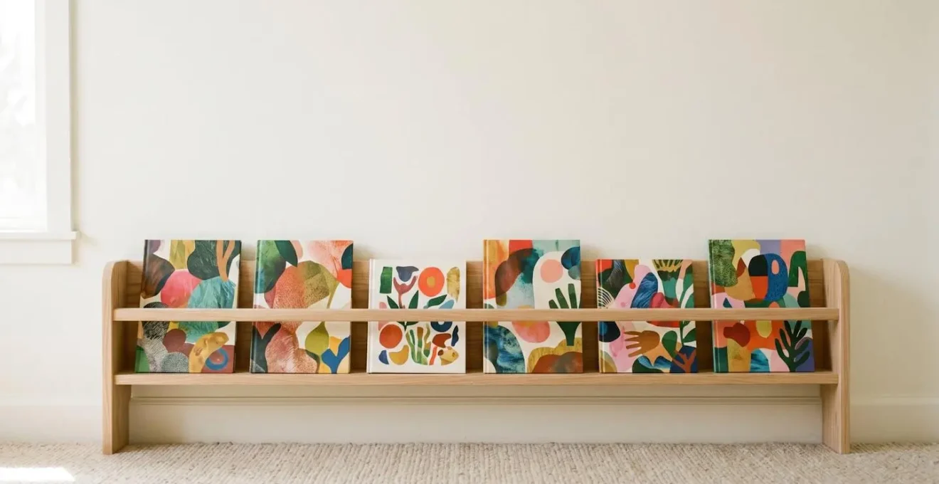 Front-facing children's book display shelf with vibrant illustrated covers visible in warm natural lighting