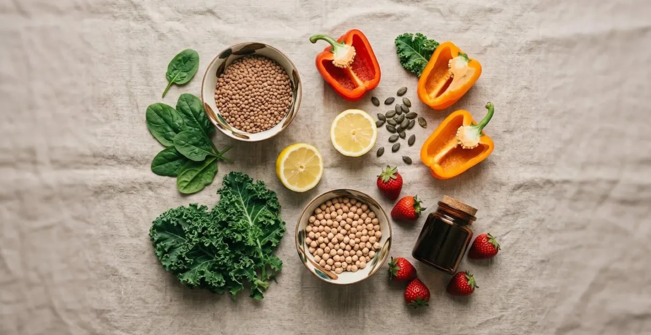 Overhead view of vibrant iron-rich whole foods including dark leafy greens, legumes, seeds and citrus fruits arranged on natural surface