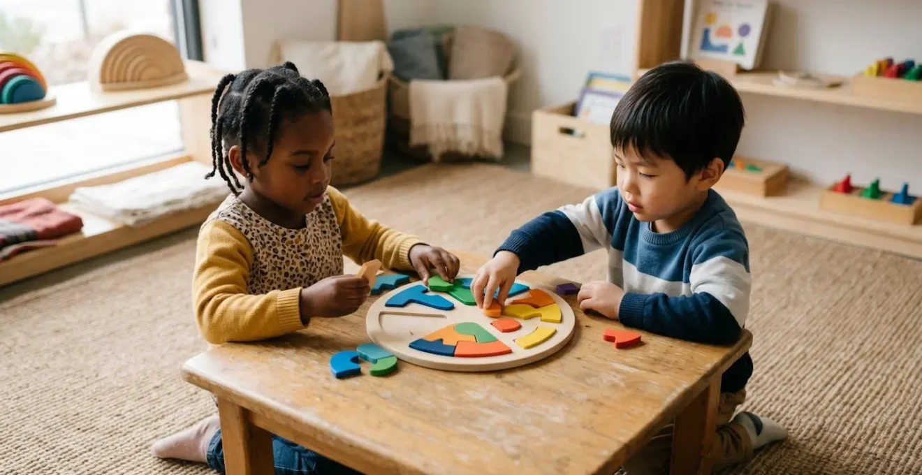 Two young children sitting at low table playing colorful cooperative board game together