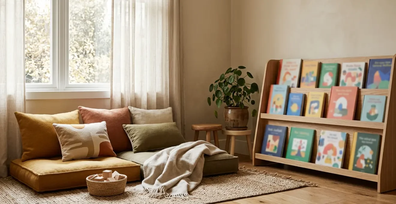 A warm reading corner with soft cushions, forward-facing bookshelves, and natural window light creating an inviting space for children