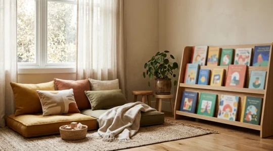 A warm reading corner with soft cushions, forward-facing bookshelves, and natural window light creating an inviting space for children