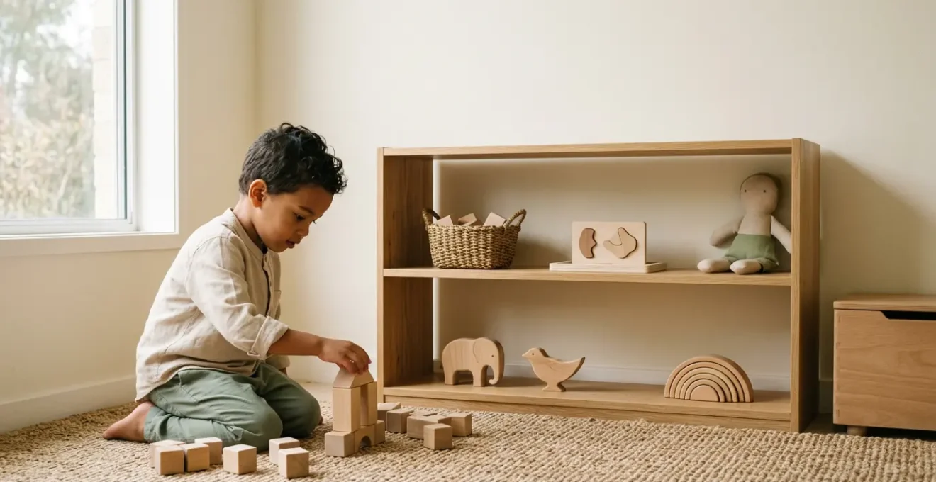 A thoughtfully organized children's playroom with open wooden shelving displaying curated toys at child height against natural lighting