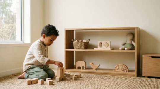 A thoughtfully organized children's playroom with open wooden shelving displaying curated toys at child height against natural lighting