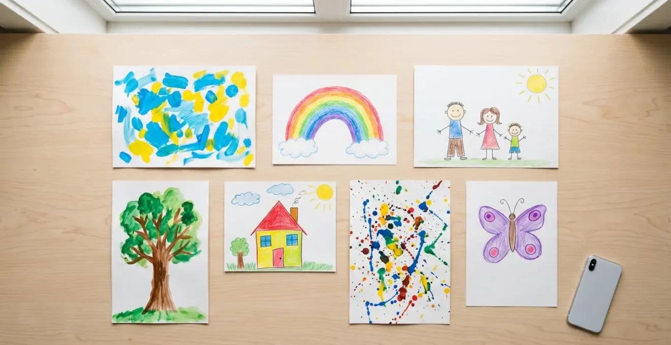 Overhead view of organized children's artwork being photographed for digital preservation