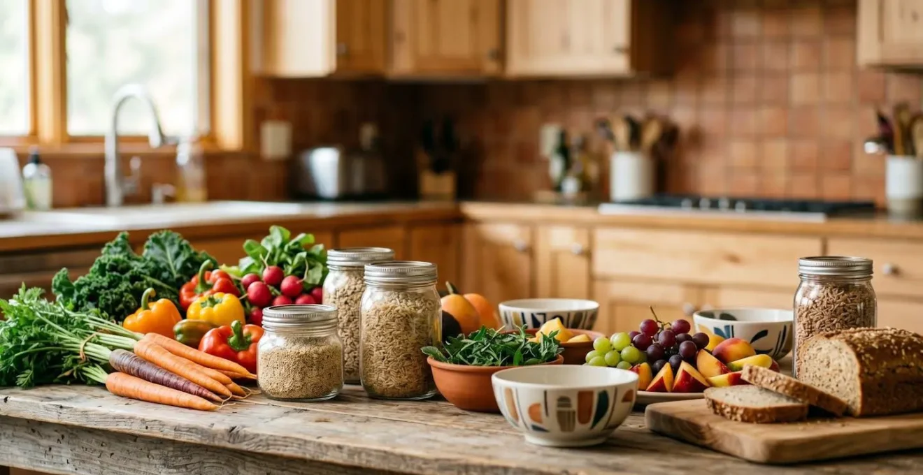 Warm scene of diverse whole foods and fresh ingredients prepared for family meal showcasing colorful vegetables and grains