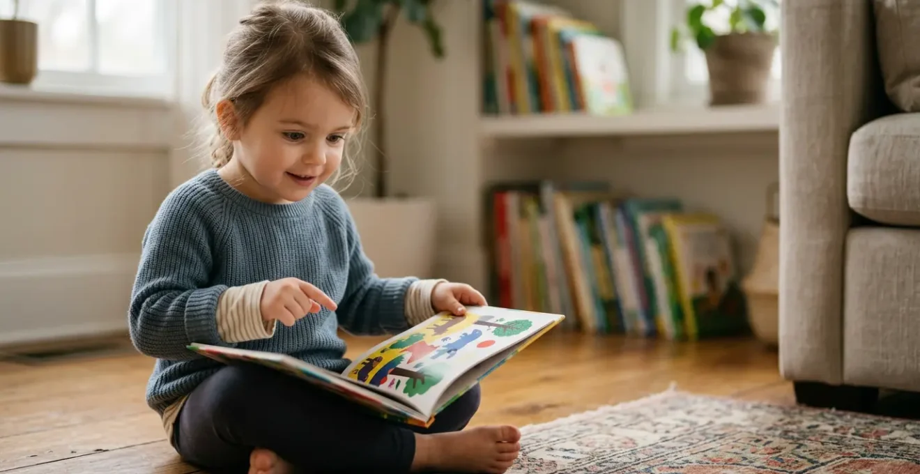 Young child aged 3-5 engaged in early literacy exploration with books and mark-making materials in natural home environment