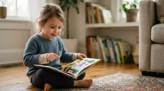 Young child aged 3-5 engaged in early literacy exploration with books and mark-making materials in natural home environment