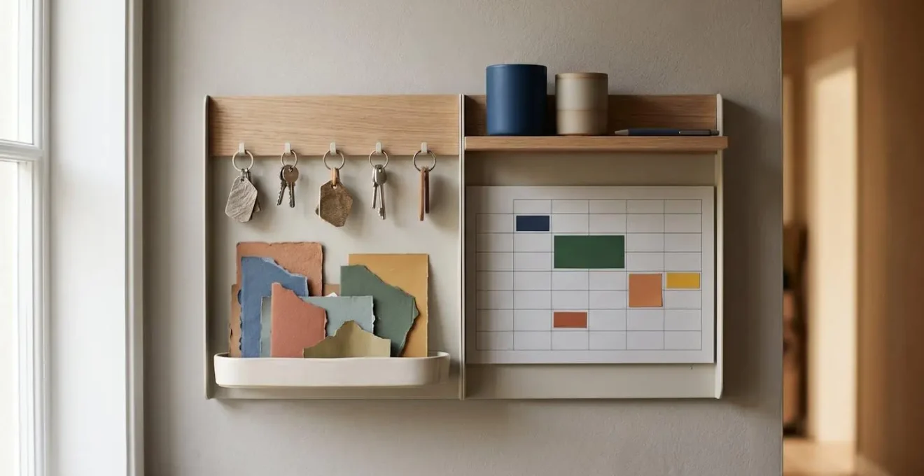 Organized home command center with dual zones for active items and reference information