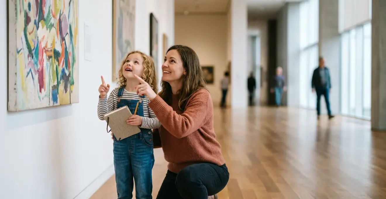 Parent and young child exploring museum gallery together with wonder and engagement