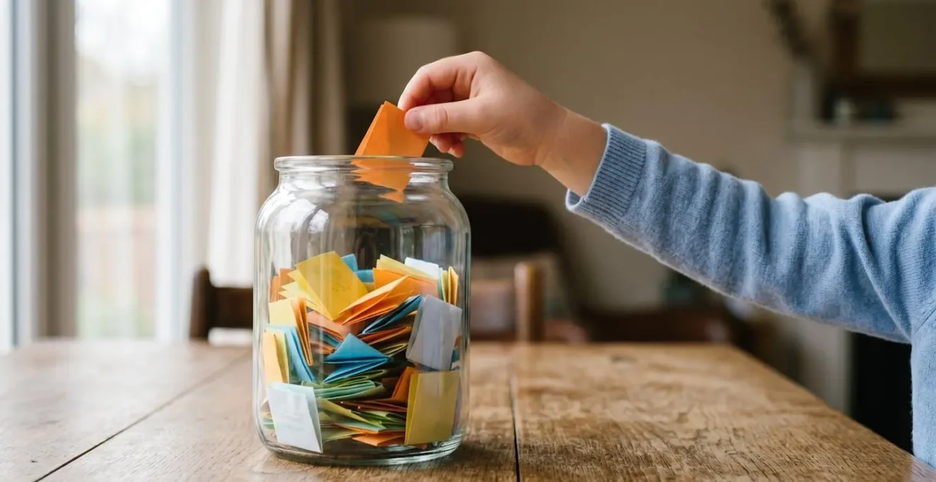 Clear glass jar filled with colorful notes representing family achievements and positive moments