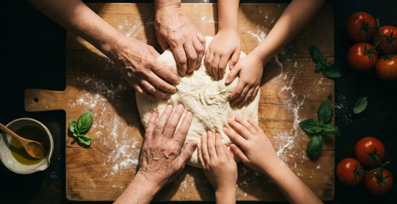 Multiple generations of hands working together kneading pizza dough on floured wooden surface