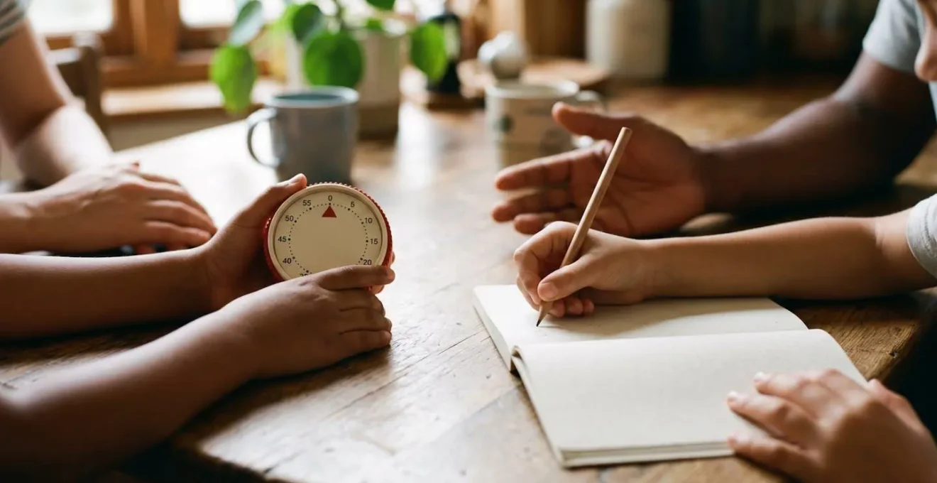 Close-up view of diverse hands around a table during a family meeting, one child holding a timer, another taking notes, showing collaborative participation