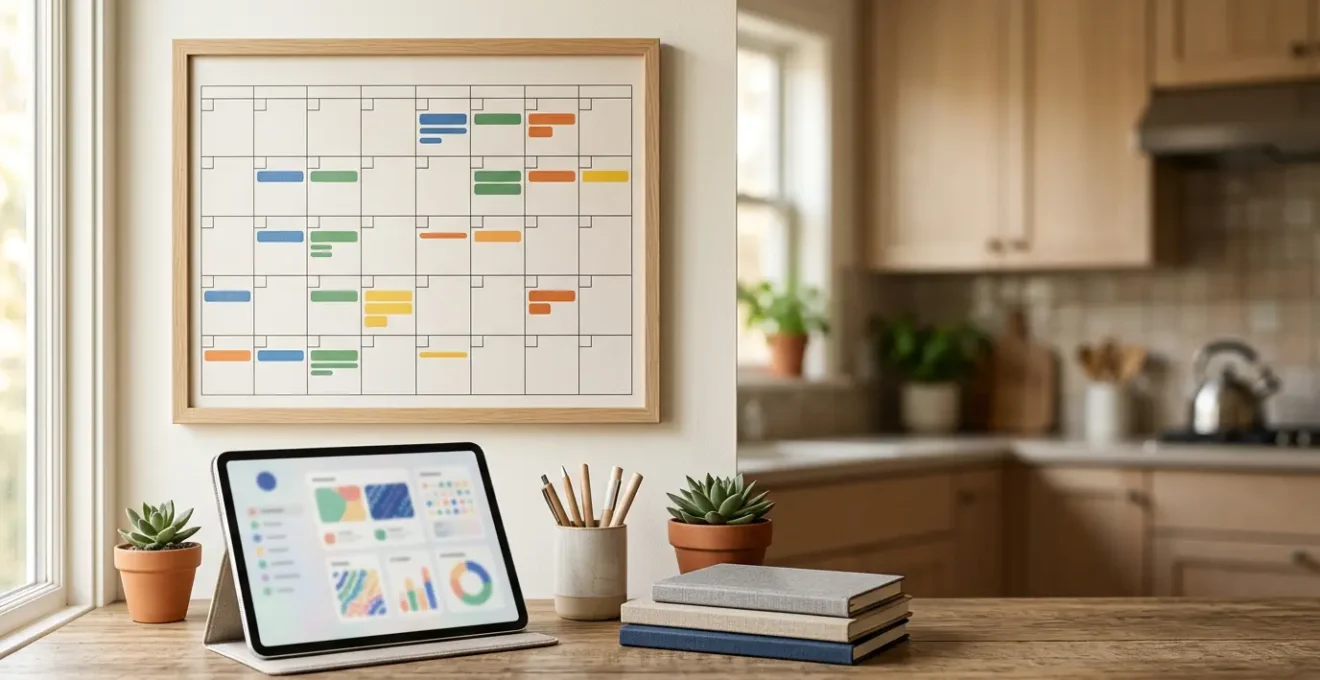 Modern family planning workspace showcasing analog and digital organizational tools in harmony