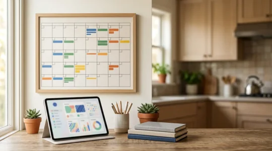 Modern family planning workspace showcasing analog and digital organizational tools in harmony