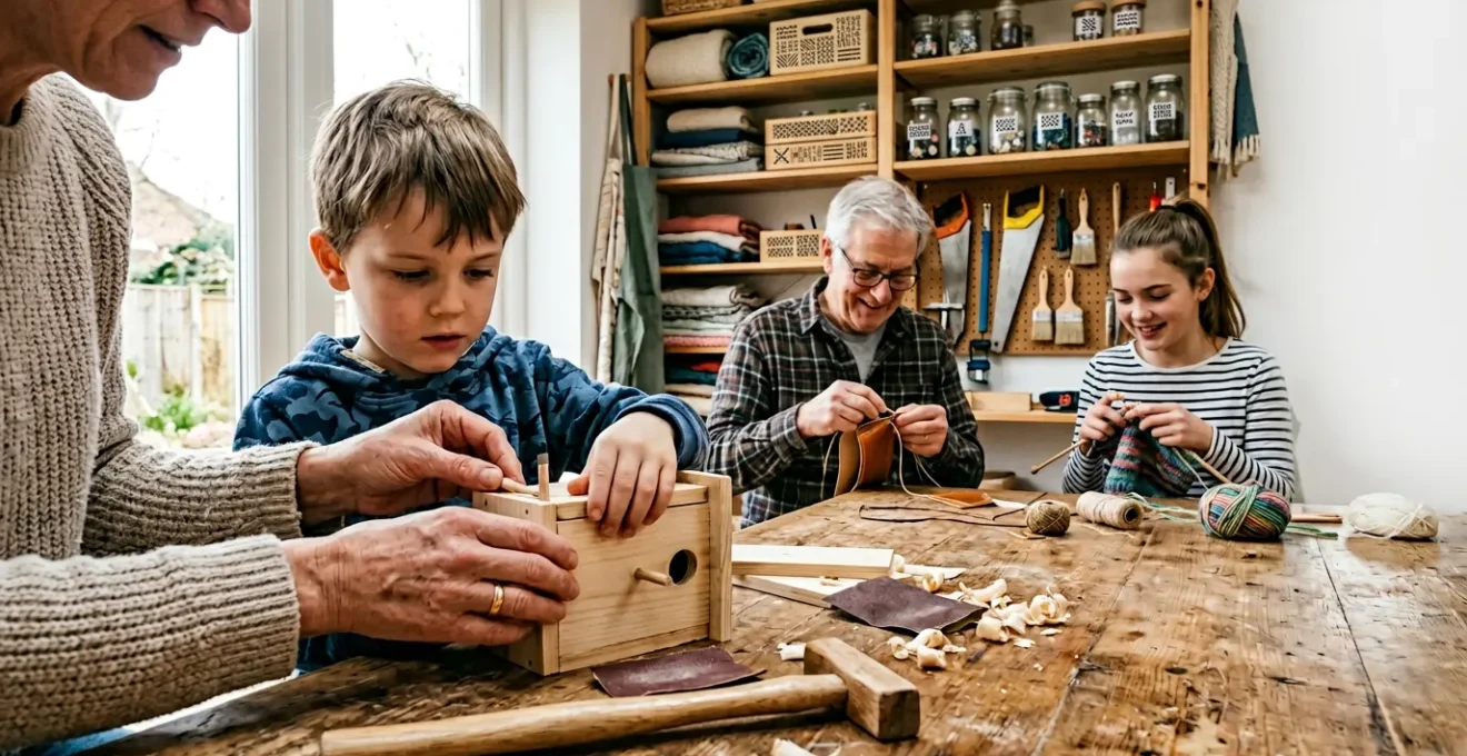 Parents and children working together on creative hands-on projects in bright natural workshop space