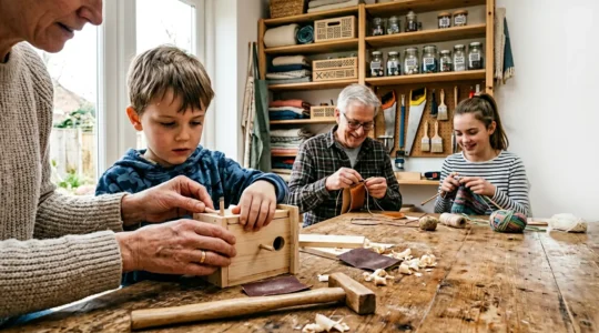 Parents and children working together on creative hands-on projects in bright natural workshop space