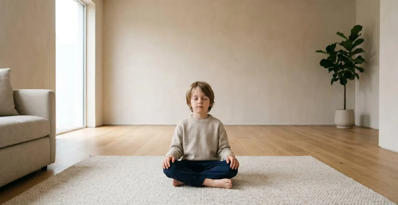 Child practicing mindful grounding technique in peaceful environment