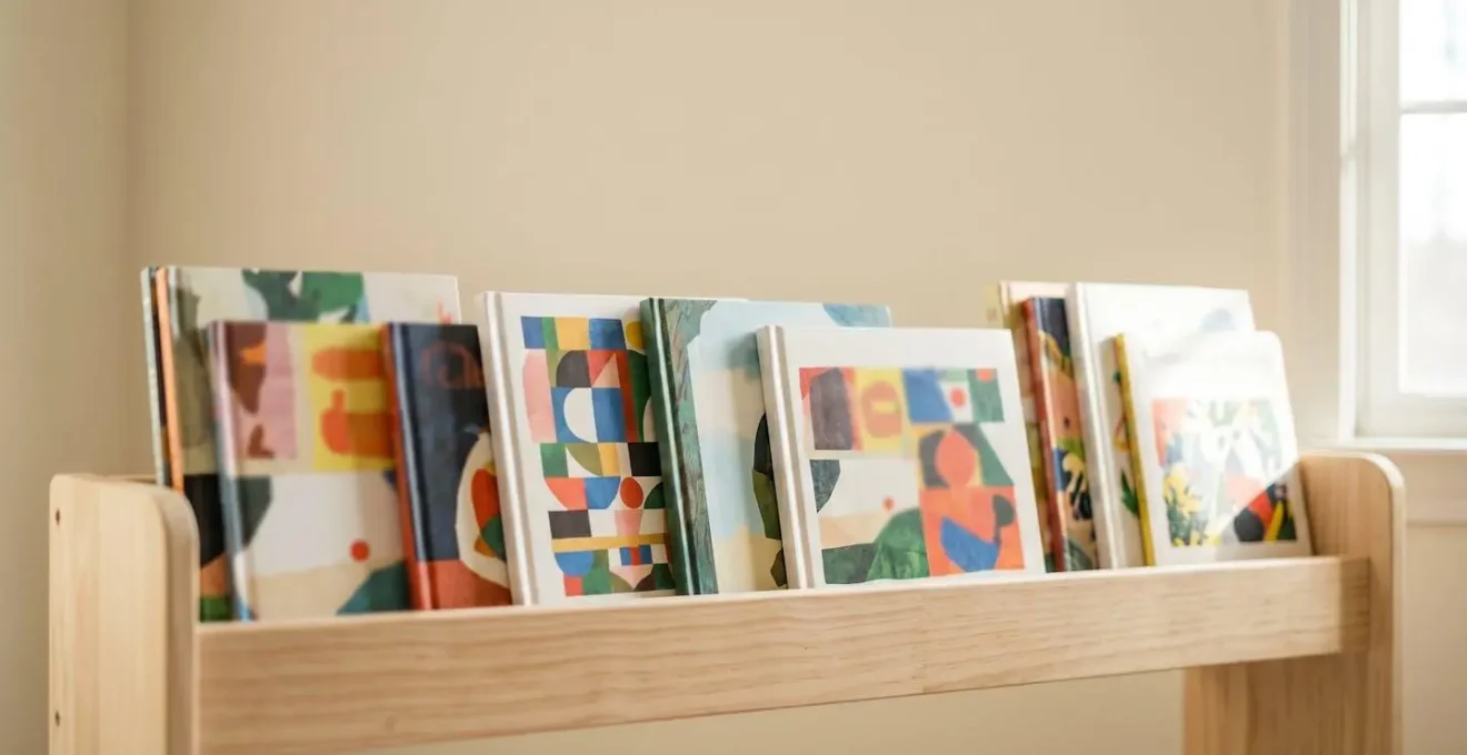Low wooden bookshelf with colorful children's book covers displayed forward at child's eye level in soft natural light