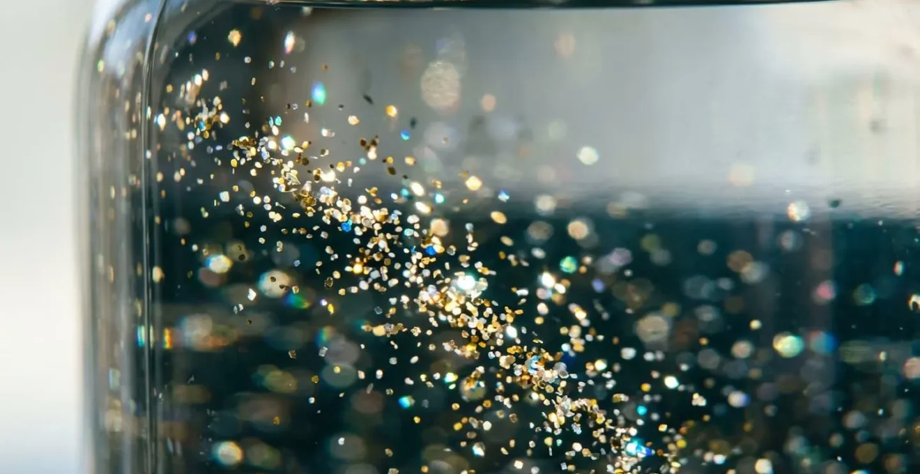 Extreme close-up of glitter particles suspended and slowly settling in clear liquid inside a jar, captured with shallow depth of field showing mesmerizing swirl patterns and light refraction