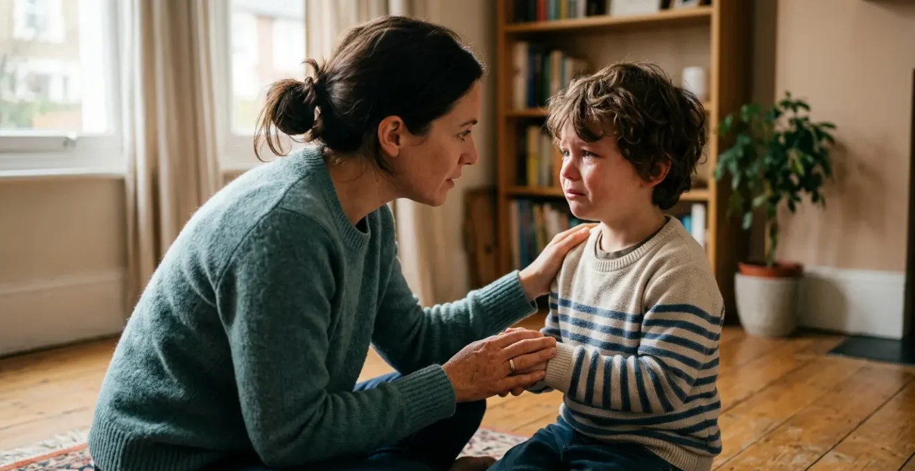 A caring parent kneeling at eye level with a young child, holding their hands gently while the child expresses emotion, showing attunement and co-regulation in a soft, natural indoor setting