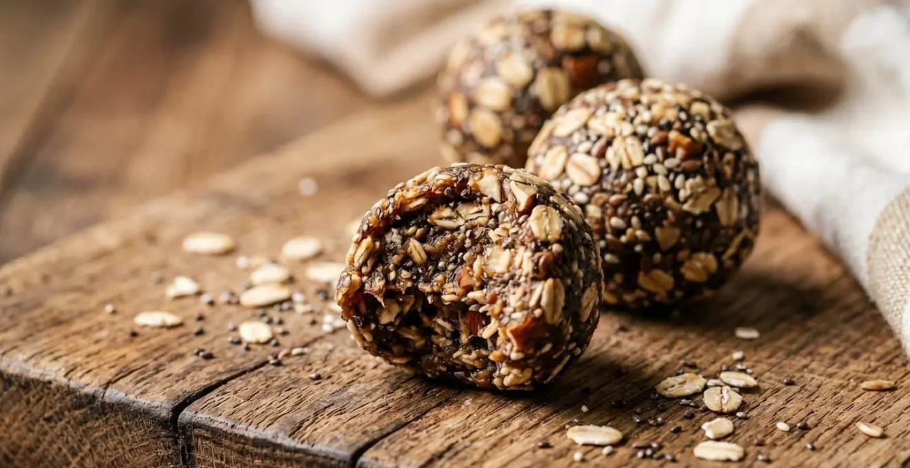 Macro close-up of homemade energy balls showing rich texture with visible oats, seeds and dates on natural wooden surface