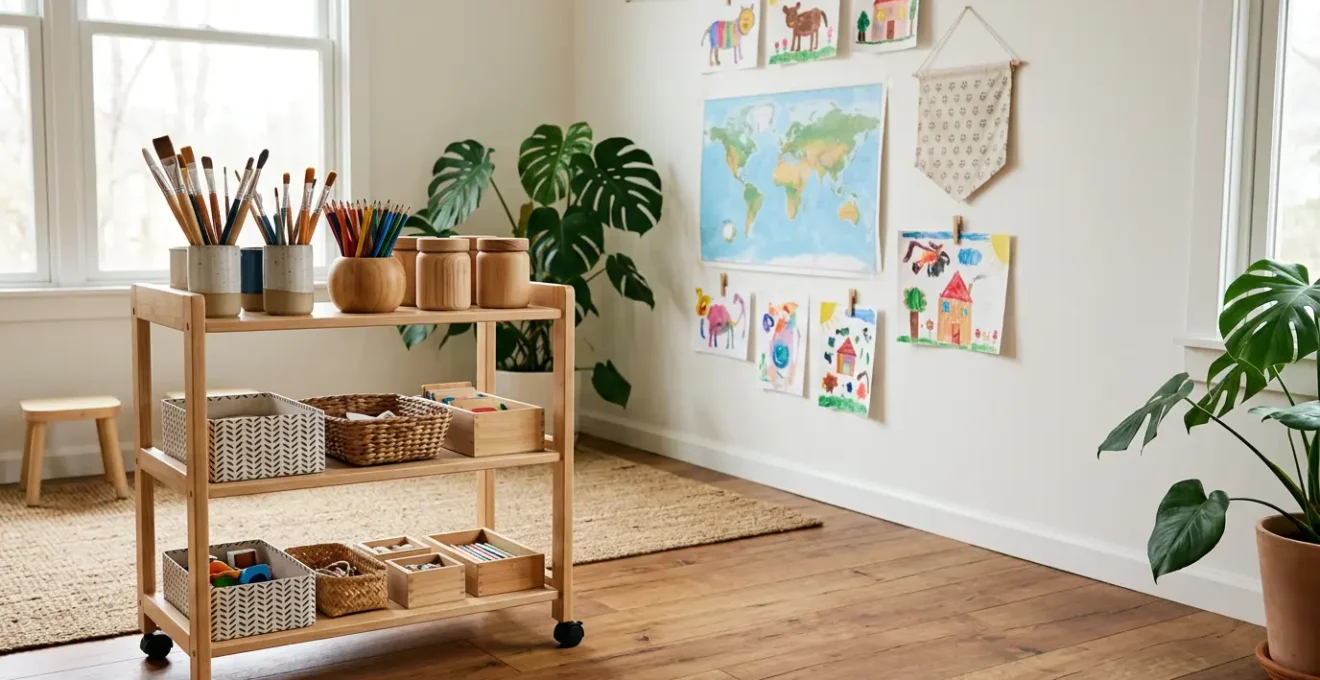 Bright homeschool learning environment with organized creative supplies and natural light