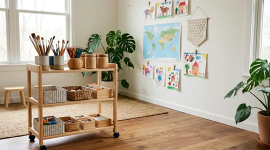 Bright homeschool learning environment with organized creative supplies and natural light