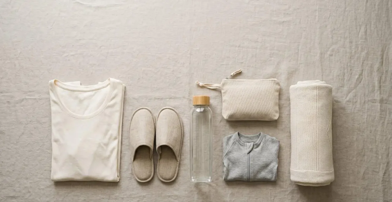 Carefully arranged maternity hospital bag essentials on a neutral surface