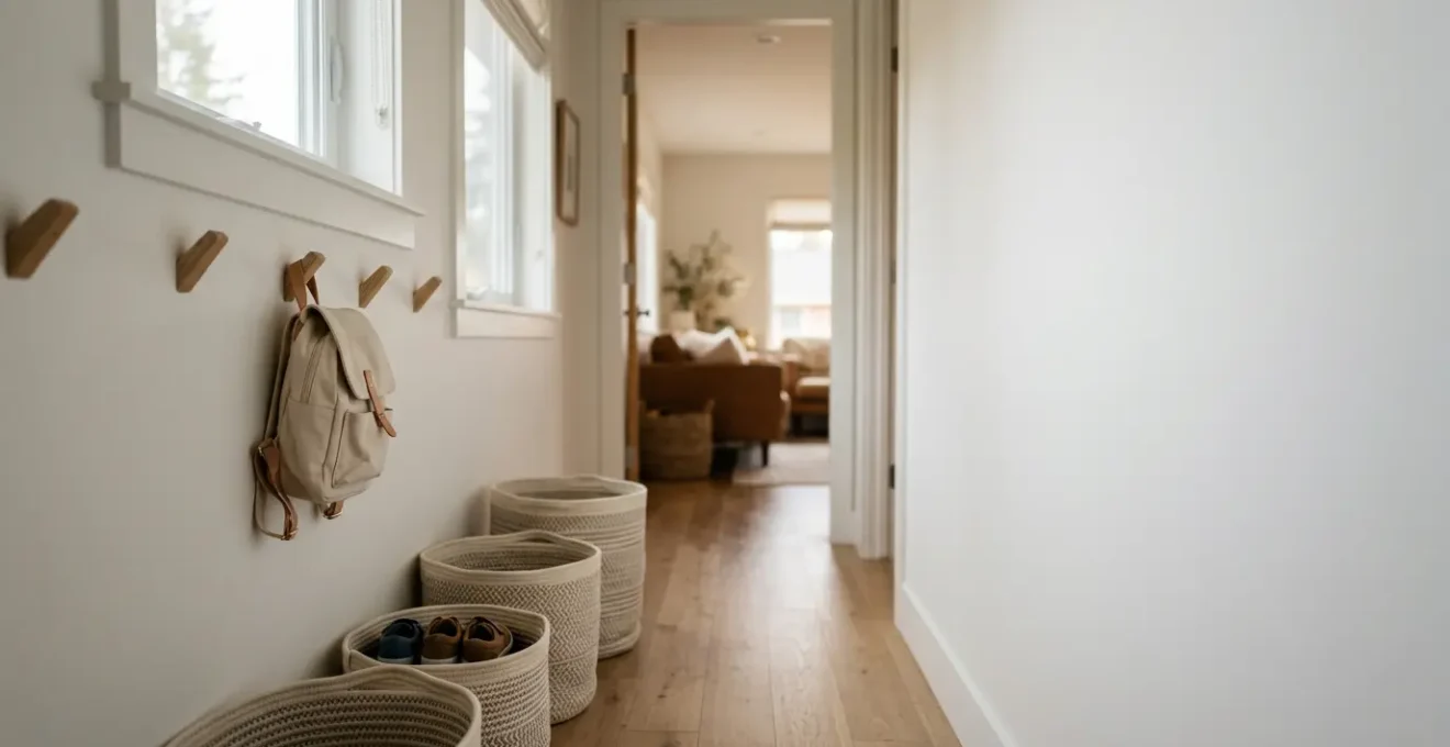 Organized family entryway with child-height hooks and accessible storage baskets