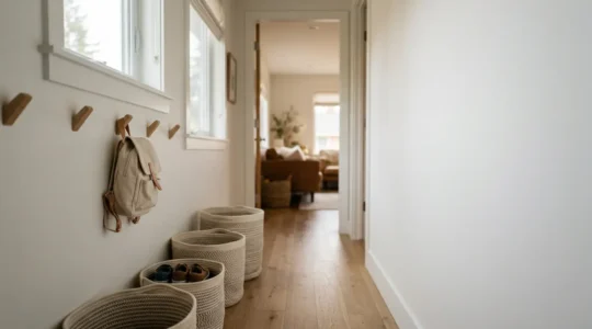 Organized family entryway with child-height hooks and accessible storage baskets