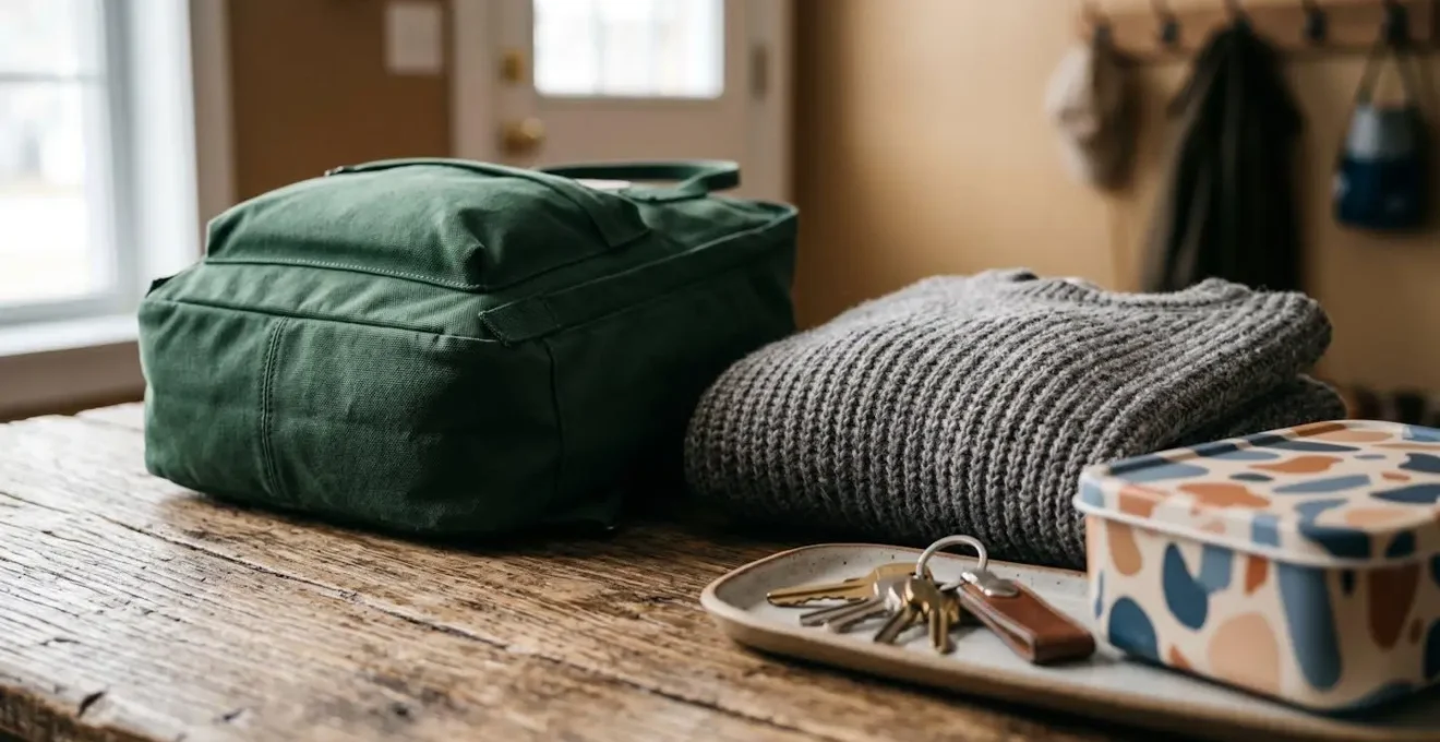 Organized entryway launch pad with prepared items for the next morning