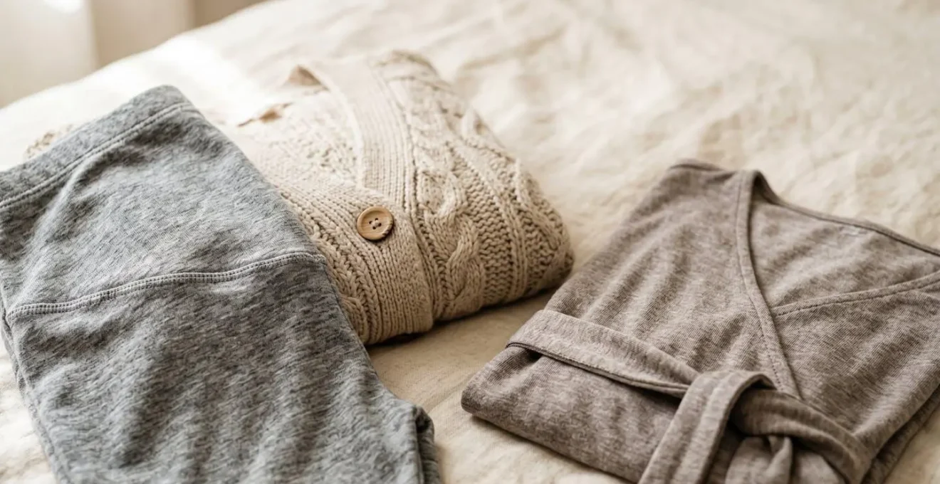 Minimalist maternity capsule wardrobe with neutral-toned essential clothing pieces arranged on bed