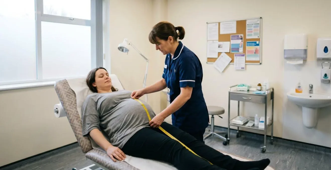 NHS midwife measuring pregnant woman's fundal height during antenatal appointment