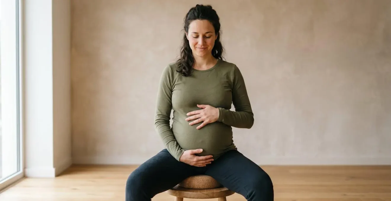 Pregnant woman practicing mindful pelvic floor awareness exercise