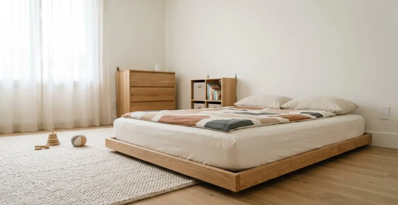 Close-up view of a low floor bed frame in a carefully childproofed room showing safety features and minimal design