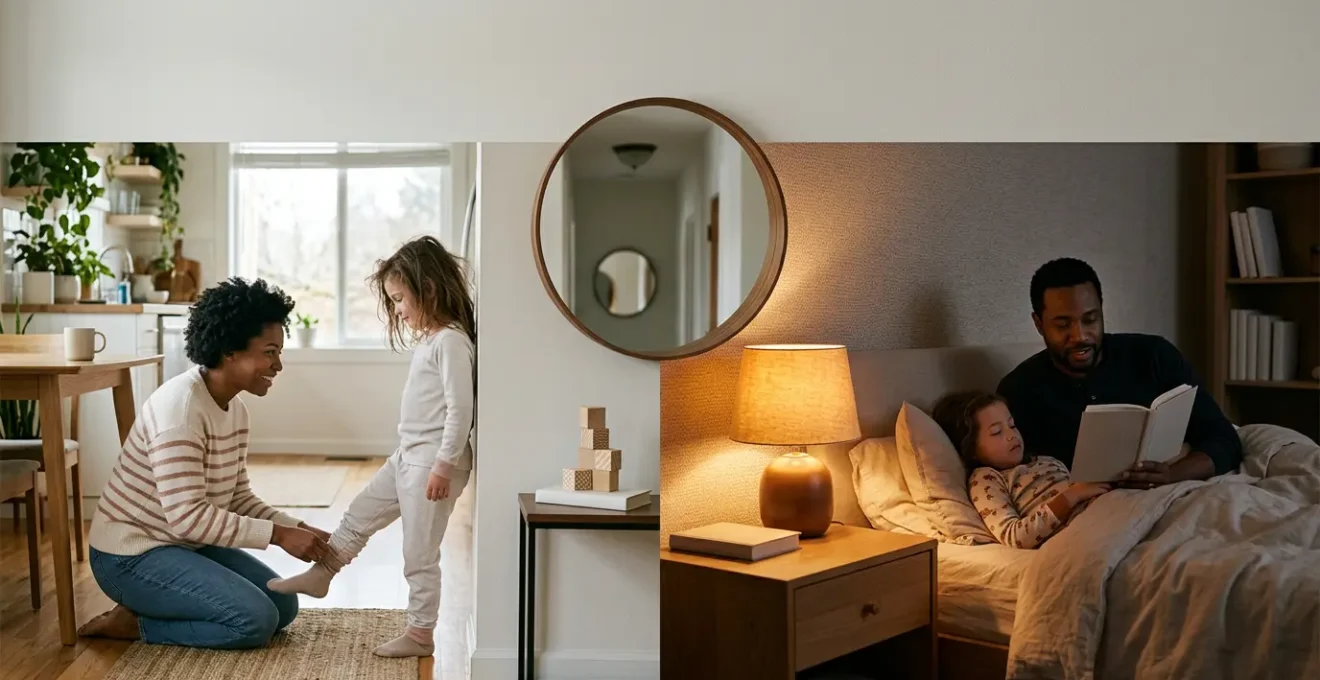 Peaceful morning and evening scene showing family routine transitions with warm natural lighting