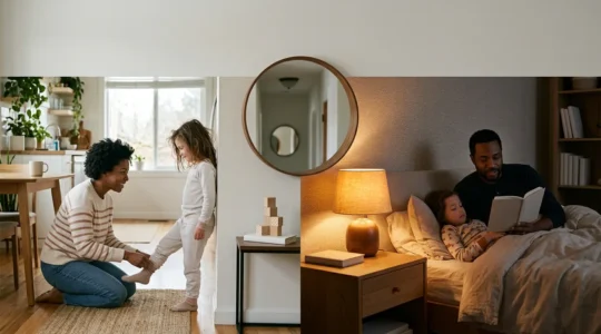 Peaceful morning and evening scene showing family routine transitions with warm natural lighting