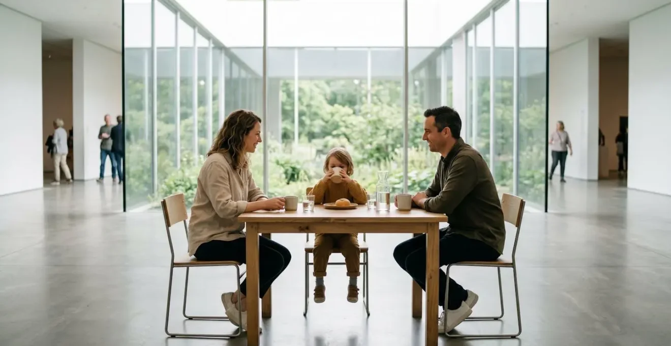 Family taking a restful break in museum cafe area with natural light and calm atmosphere