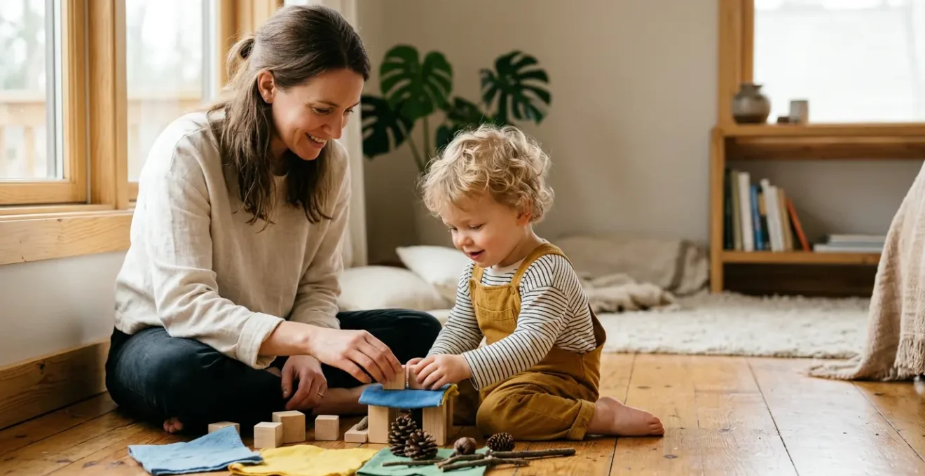 Parent and young child engaged in playful learning activity at home