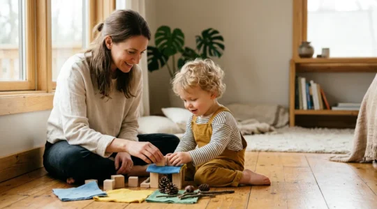 Parent and young child engaged in playful learning activity at home