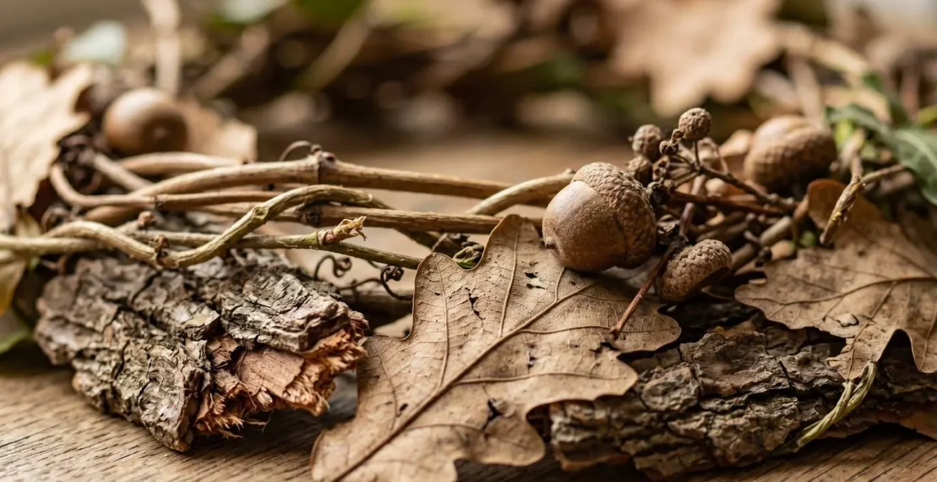 Extreme close-up of natural materials arranged as costume elements showing intricate textures