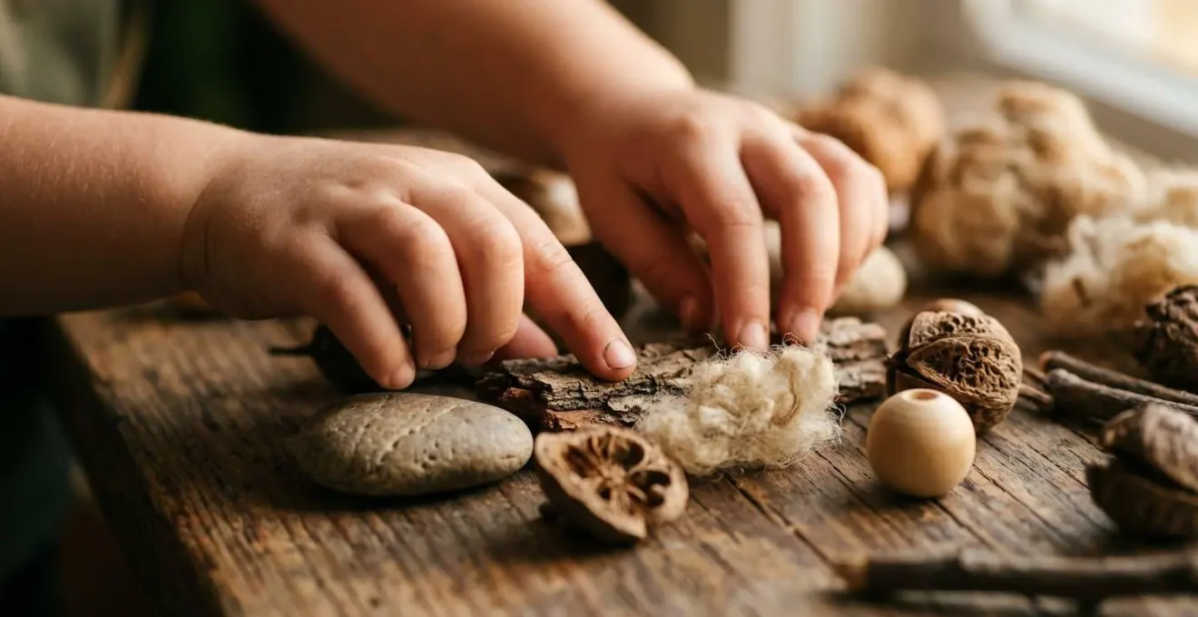 Child hands exploring natural wooden and wool materials in soft natural light