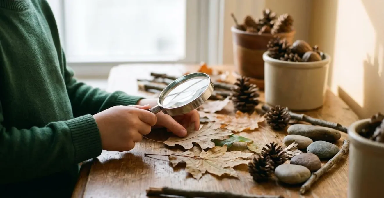 Natural specimens including leaves, pinecones, and stones arranged with scientific observation tools on a wooden surface