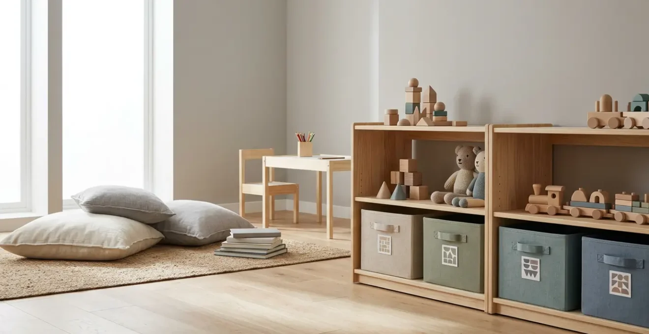 A beautifully organized playroom with labeled storage bins and open shelving creating a calm, functional space for children