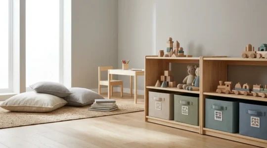 A beautifully organized playroom with labeled storage bins and open shelving creating a calm, functional space for children