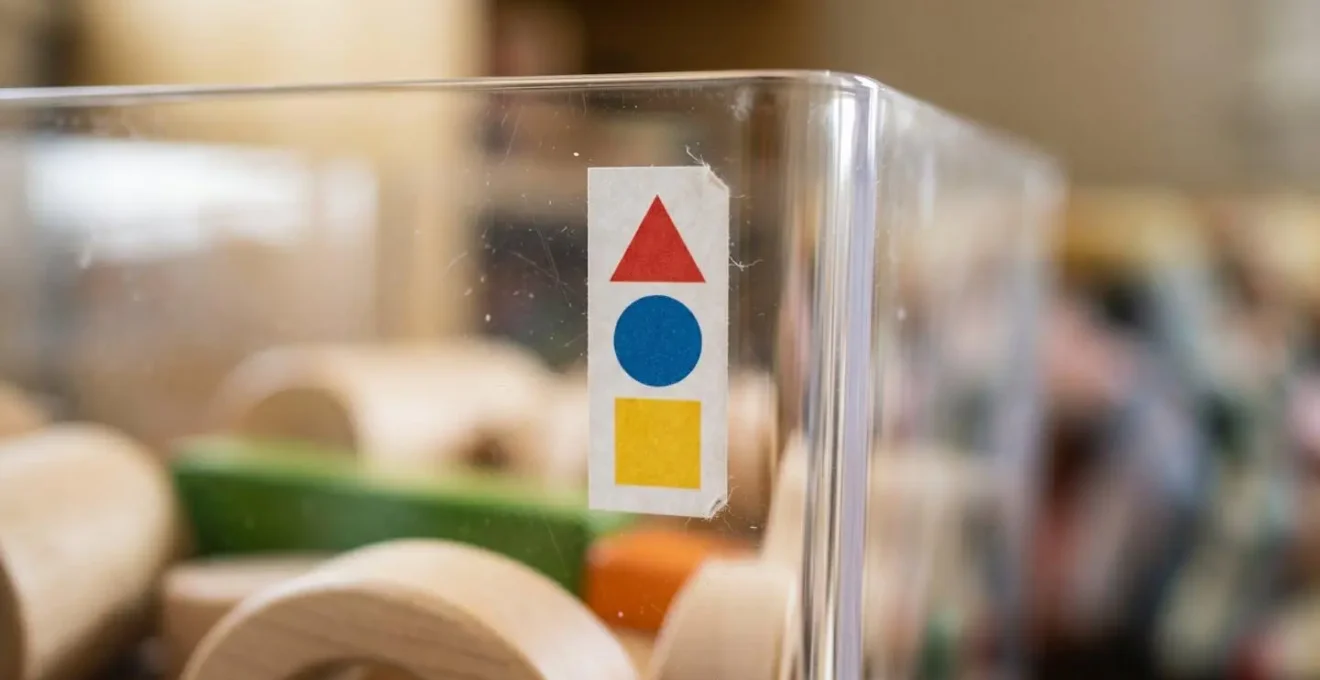Well-organized playroom with clear labeled storage bins and defined play zones