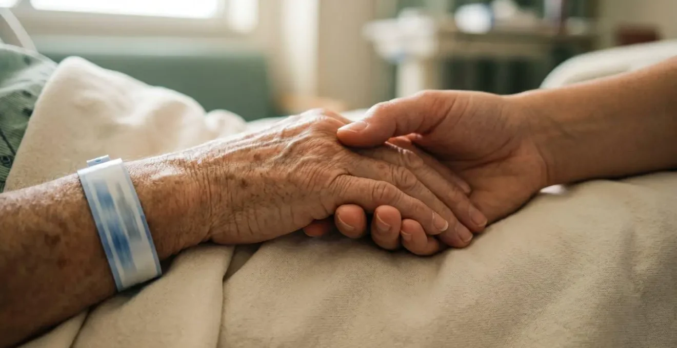 Supportive hands clasped during a medical consultation in a hospital setting.